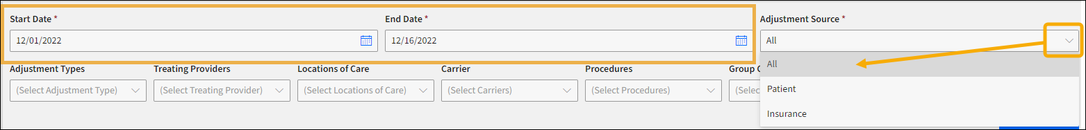 Adjustment Details report selection options with yellow highlight boxes around the date fields and the Adjustment Source drop down arrow.